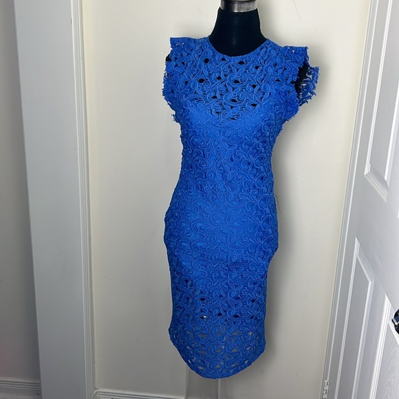 Zara Royal Blue Guipure Lace Embroidery Chic Midi Dress Size Small - Picture 10 of 16